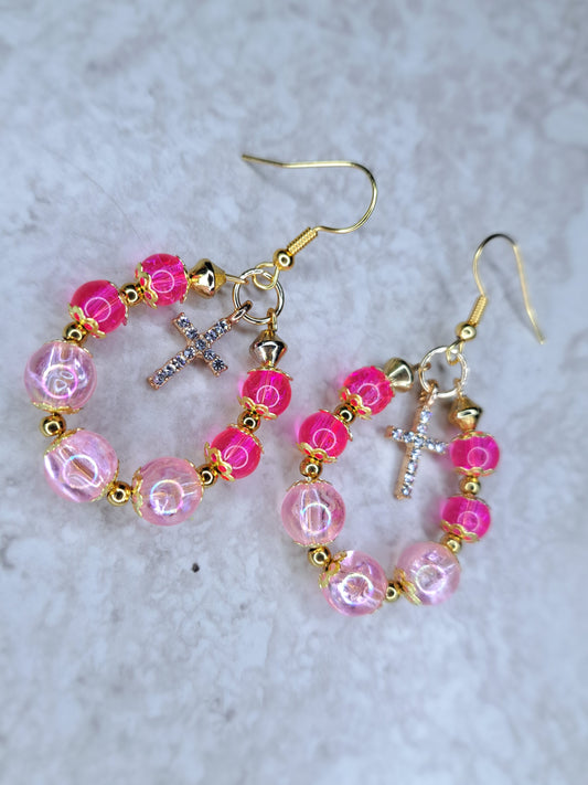 Pink & gold cross earrings Earrings – Handmade/Upcycled Beads & Stainless Steel