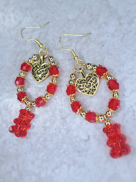 Red and gold gummy bear heart stainless steel hoops earrings