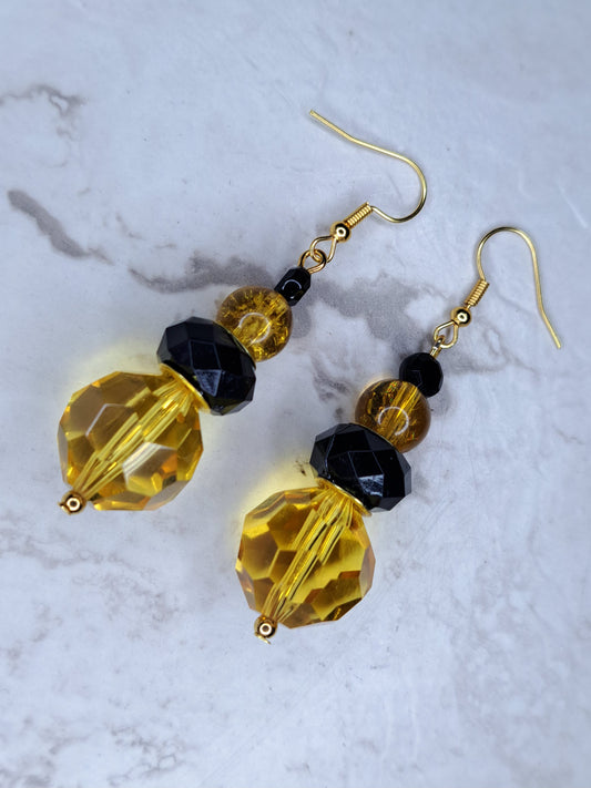 Yellow black and gold beaded stainless steel earrings