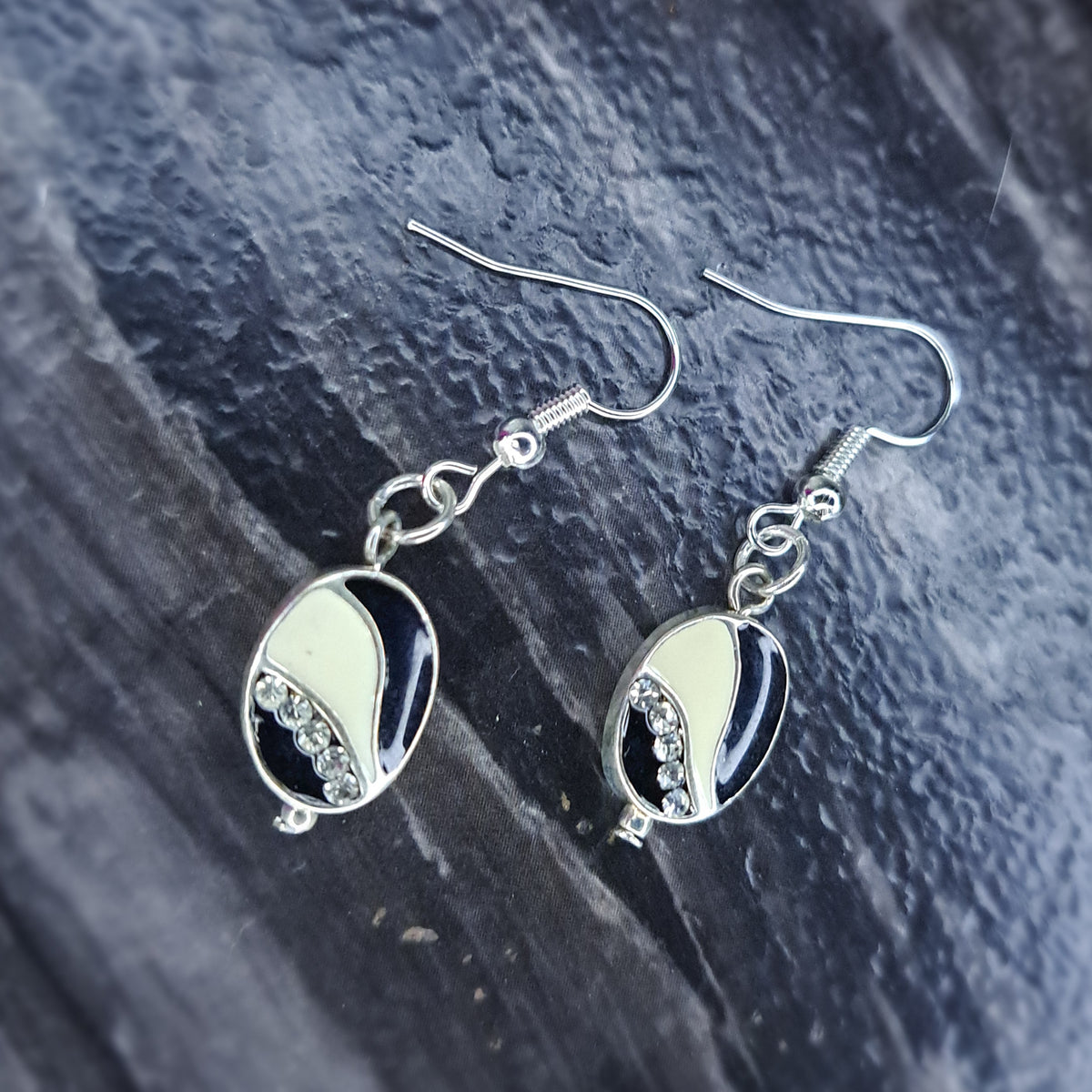 Black, white & silver beaded stainless steel earrings