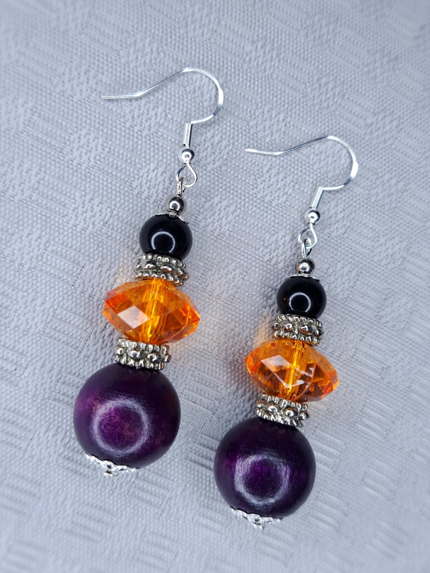Black, orange and purple beaded s925 sterling silver earrings