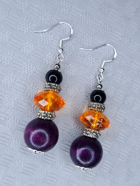 Black, orange and purple beaded s925 sterling silver earrings
