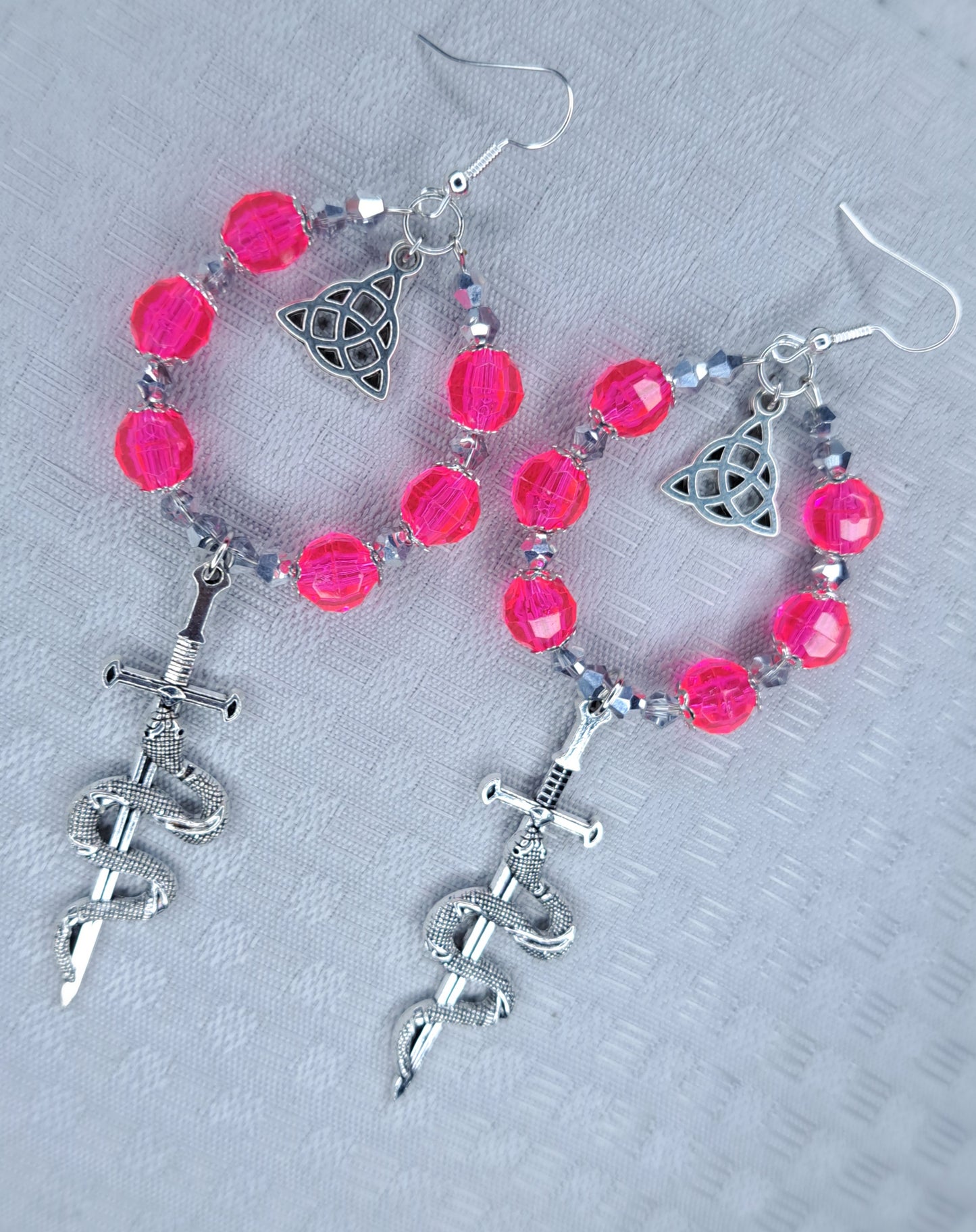 Pink and silver beaded stainless steel sword earrings