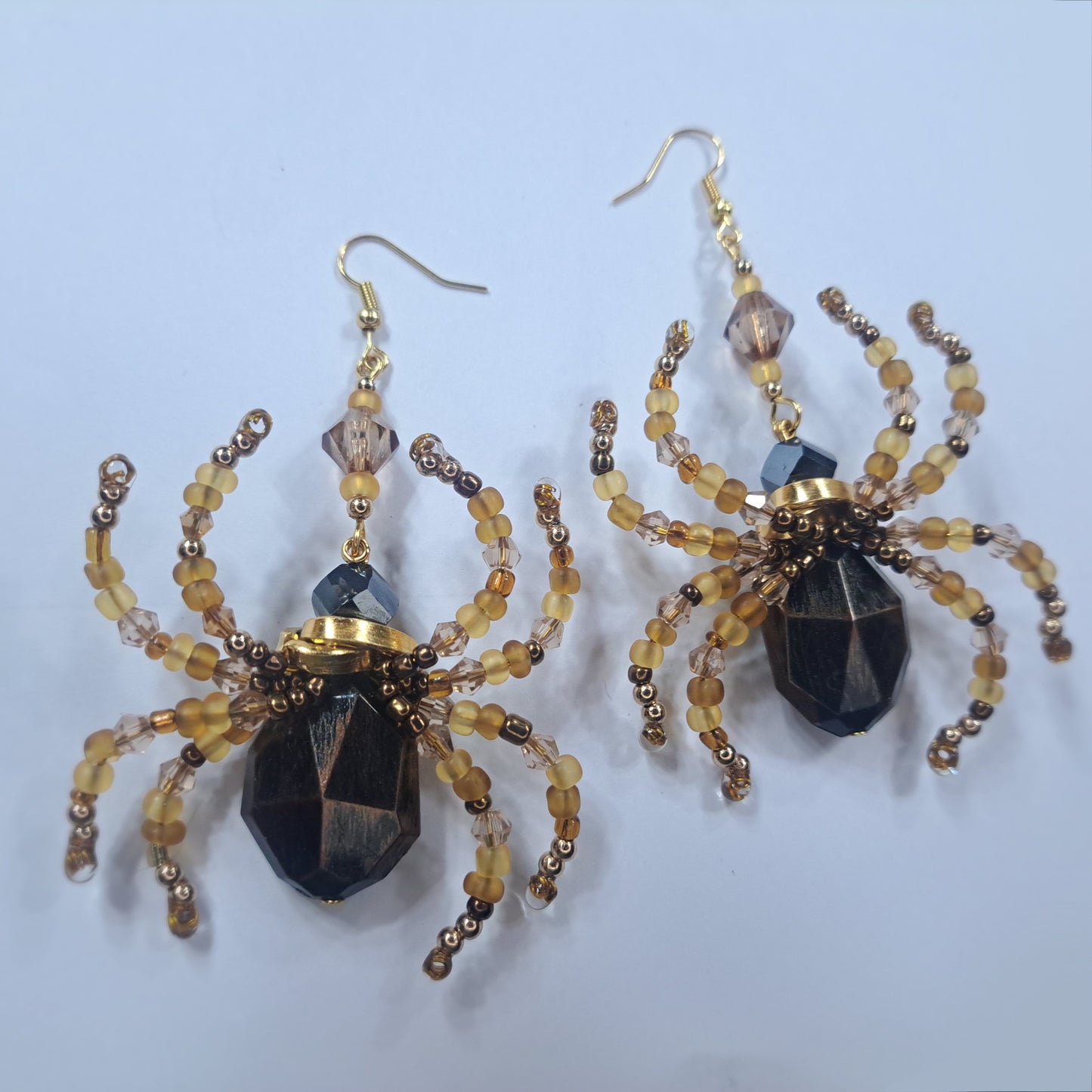 Brown and gold Beaded stainless steel spider earrings