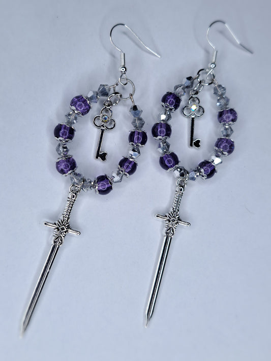 Indigo and silver beaded hoop key sword earrings stainless steel
