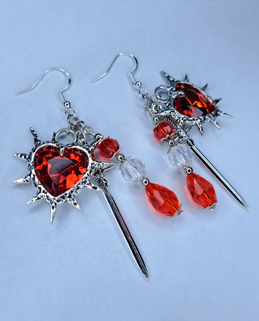 Spiky red heart charm s925 sterling silver earrings