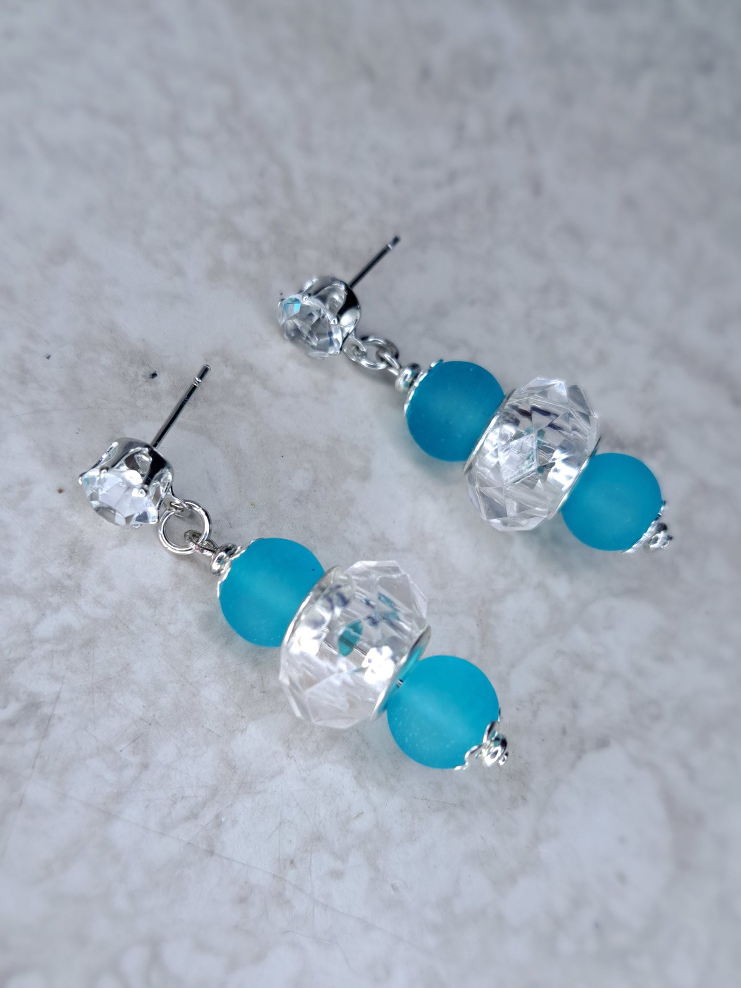 White glass beaded & blue glass stainless steel earrings