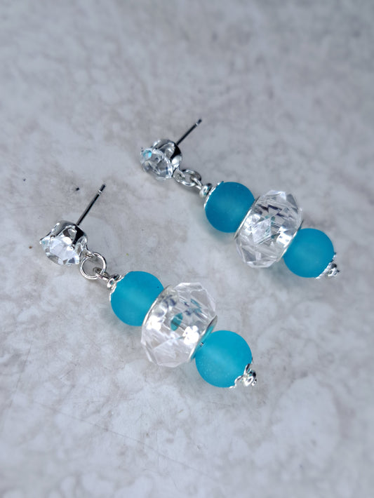 White glass beaded & blue glass stainless steel earrings