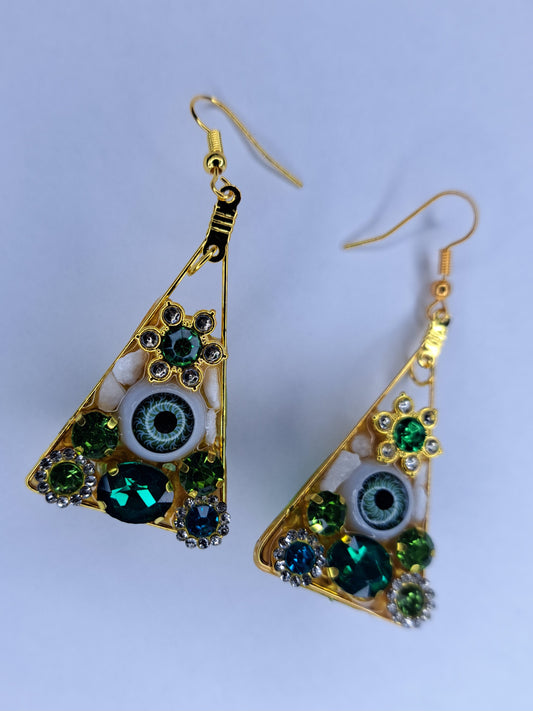 Green eye ball dangle gold plated stainless steel earrings
