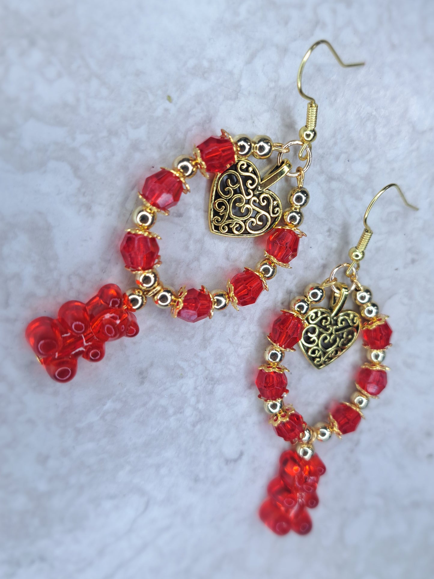 Red and gold gummy bear heart stainless steel hoops earrings