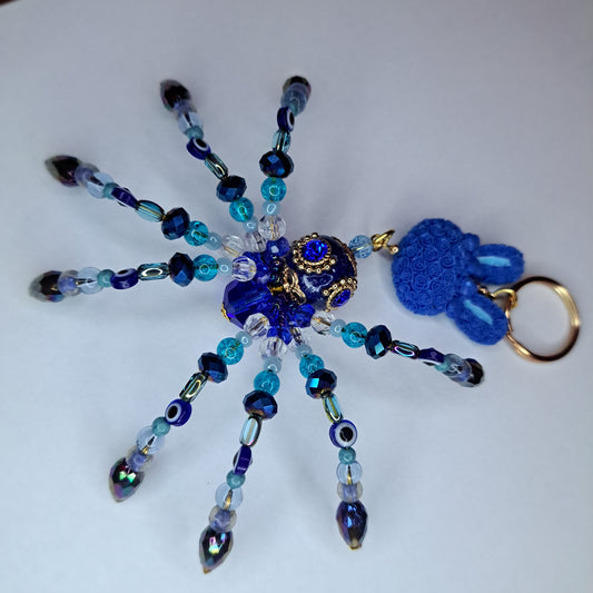 Blue and gold gem Beaded spider keychain