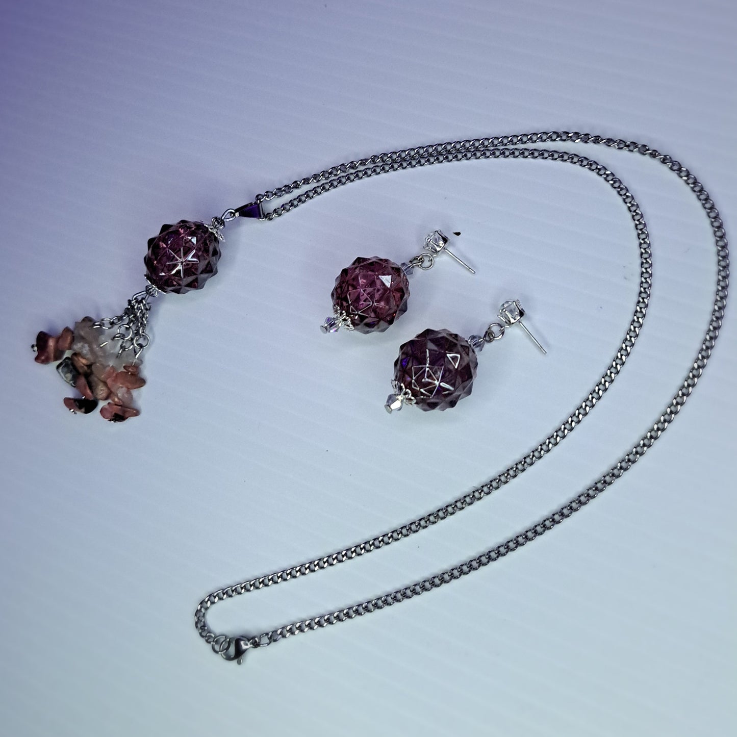 Purple beaded crystal necklace & earrings stainless steel