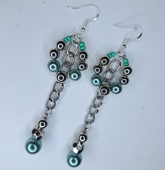 Mint and silver Beaded s925 sterling silver hoop earrings