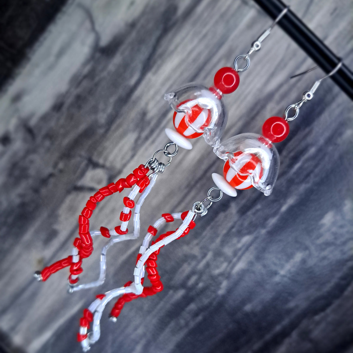Red and white jellyfish stainless steel earrings