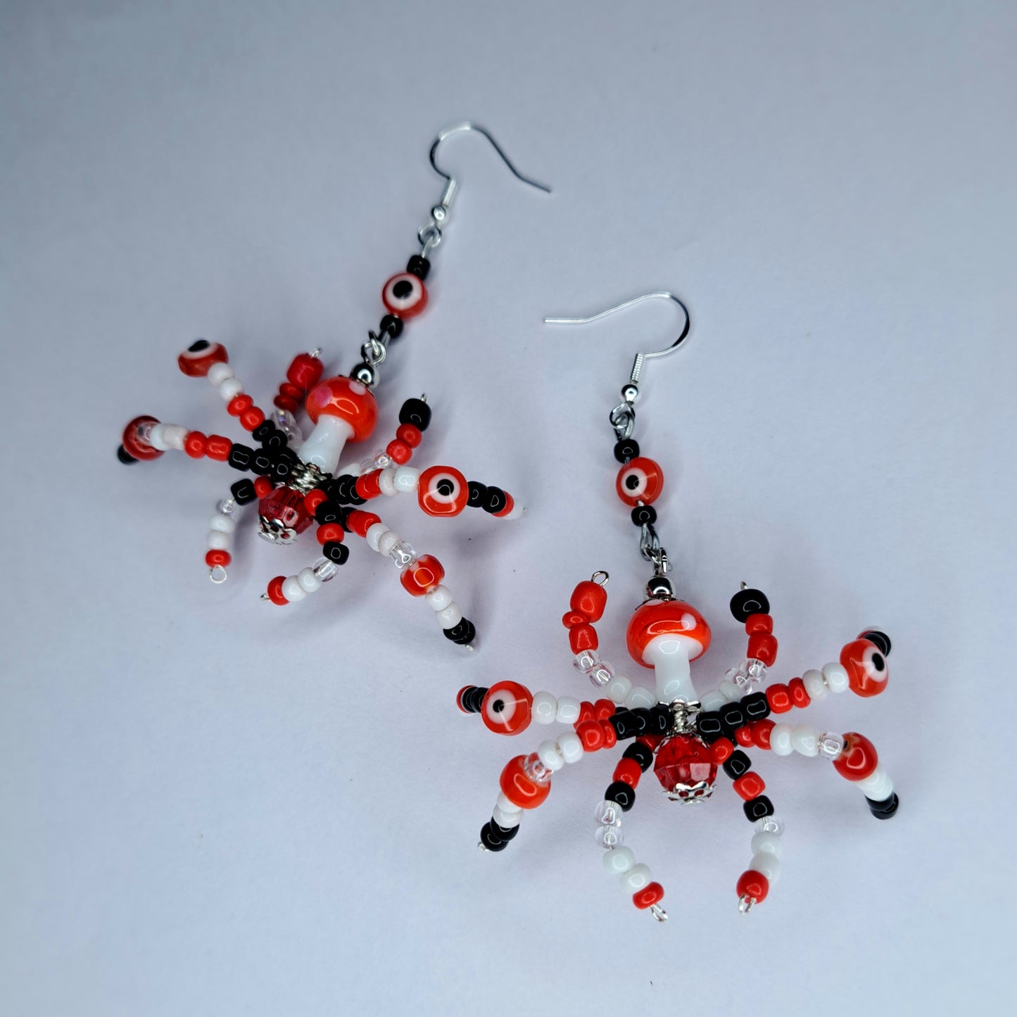 Red beaded mushroom spider s925 sterling silver earrings