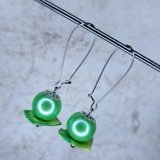 Green and shell beaded silver  stainless steel earrings