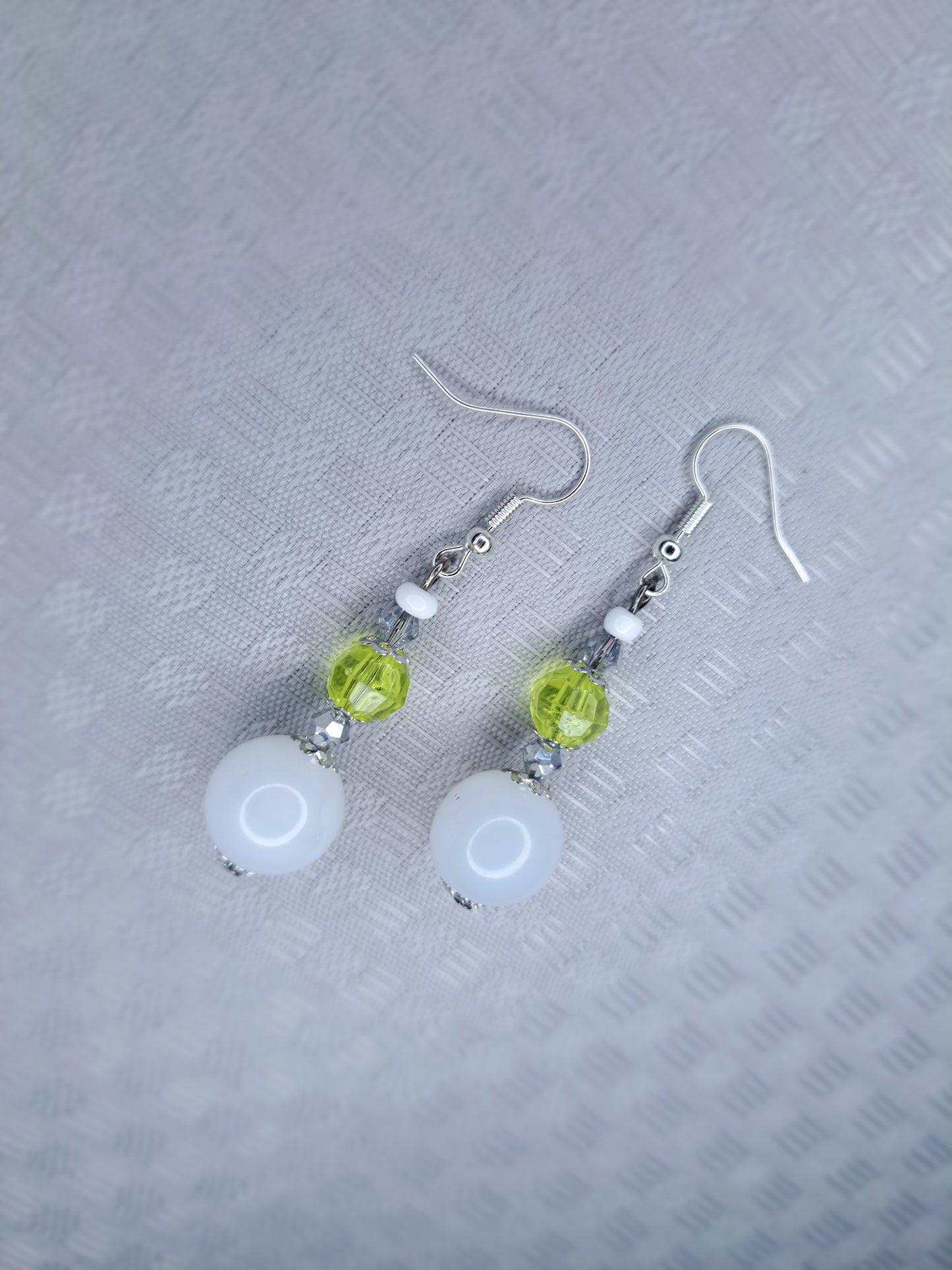 White, lime and silver beaded  stainless steel earrings