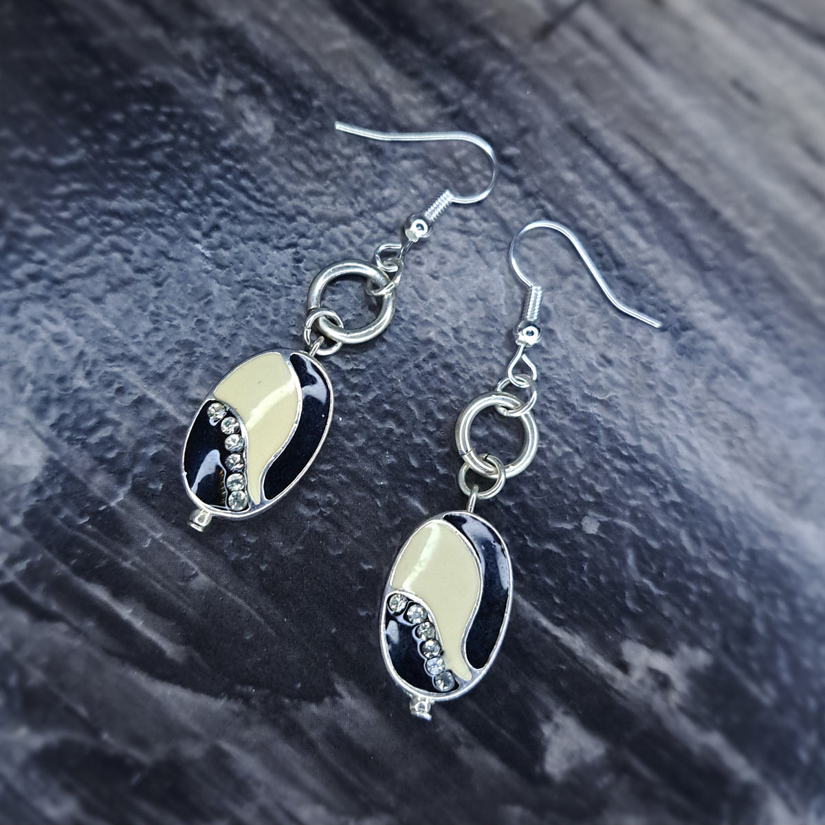 Black, white & silver beaded stainless steel earrings