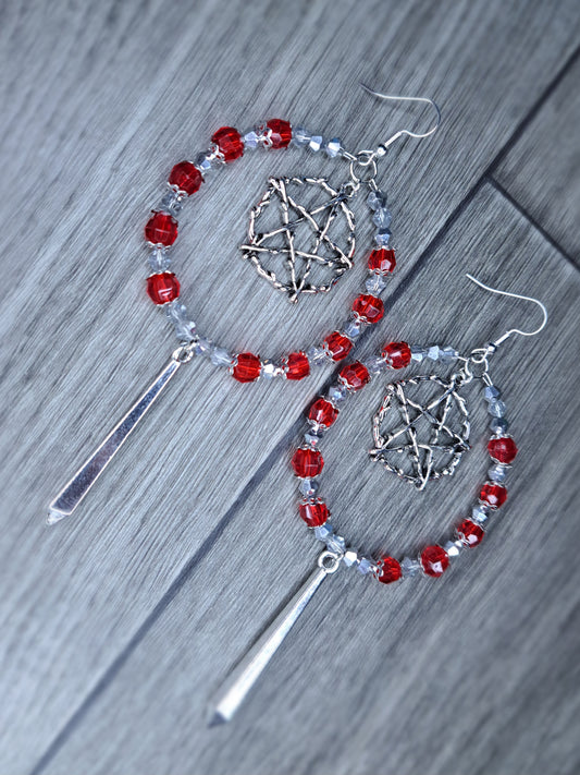 Red & silver beaded pentagram stainless steel sword hoop earrings