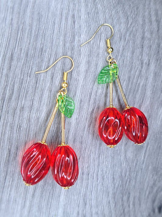 Candy cherry  gold tone stainless steel dangle earrings