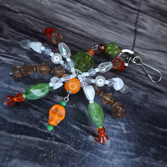 orange green white and brown Beaded spider keychain