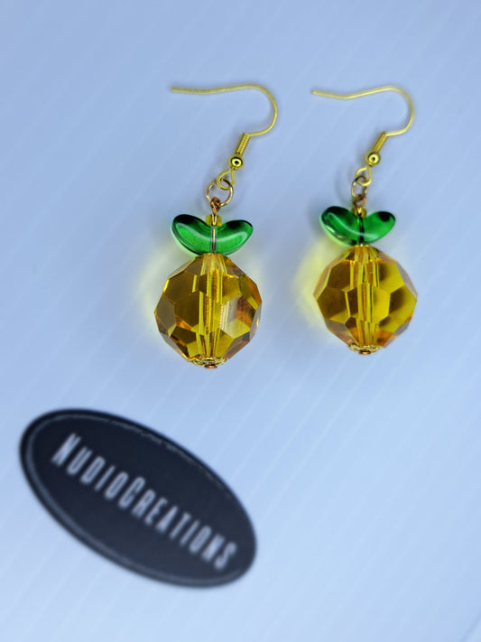 Pineapple beaded gold tone stainless steel dangle earrings