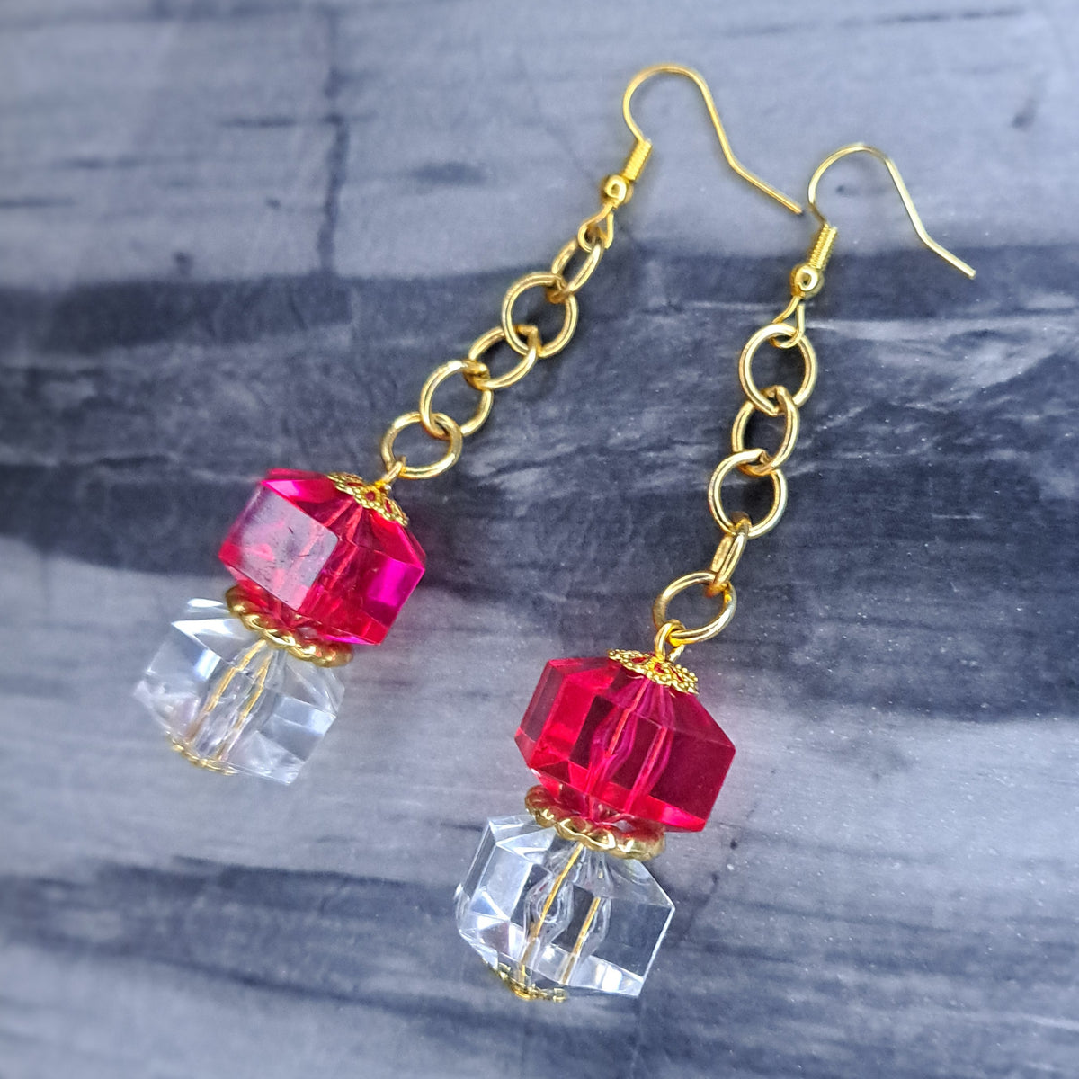 Pink and clear gold tone Stainless steel earrings