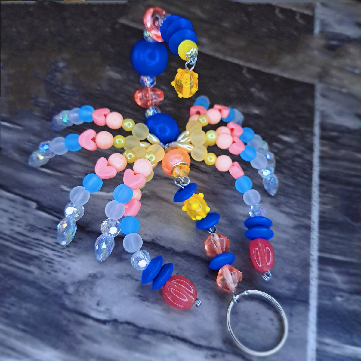 Blue, pink, yellow and white Beaded scorpion keychain