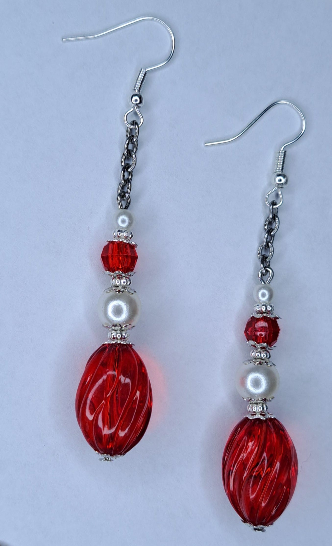 Red and white beaded stainless steel earrings