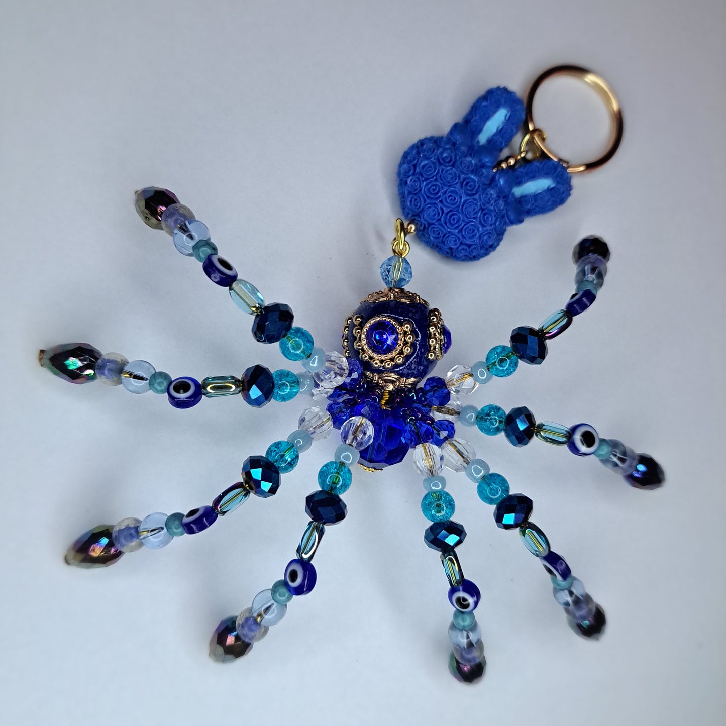 Blue and gold gem Beaded spider keychain
