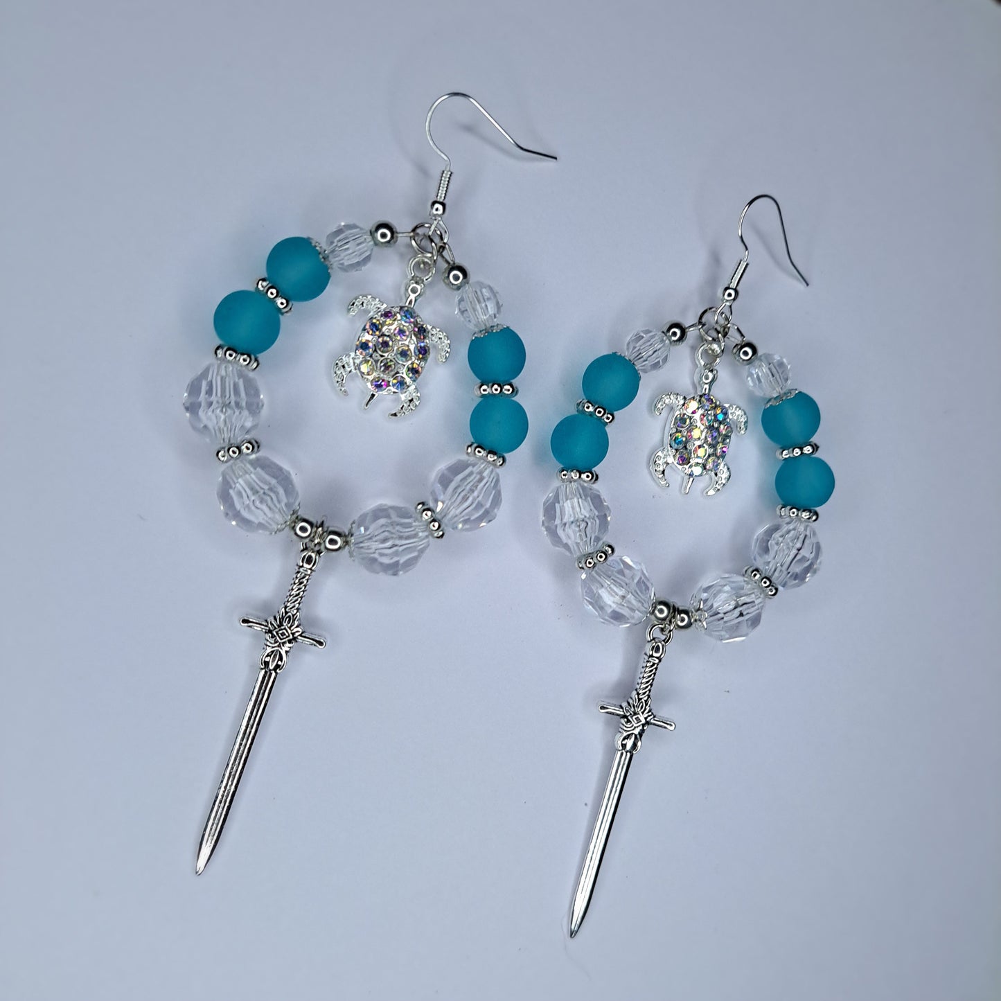 clear and turquoise beaded stainless steel hoop sword earrings