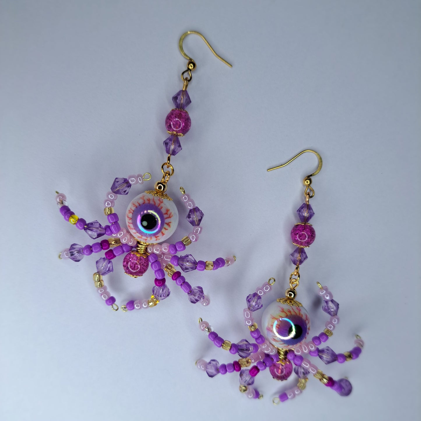 Purple beaded eyeball spider gold tone s925 sterling silver earrings