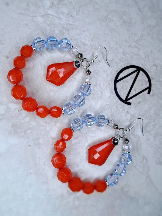 Blood orange and Blue Beaded Hoop Earrings