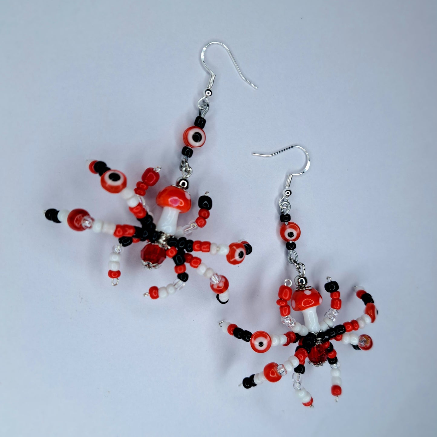 Red beaded mushroom spider s925 sterling silver earrings