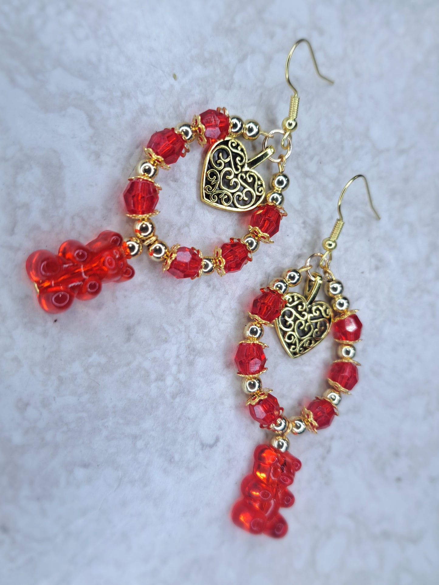 Red and gold gummy bear heart stainless steel hoops earrings