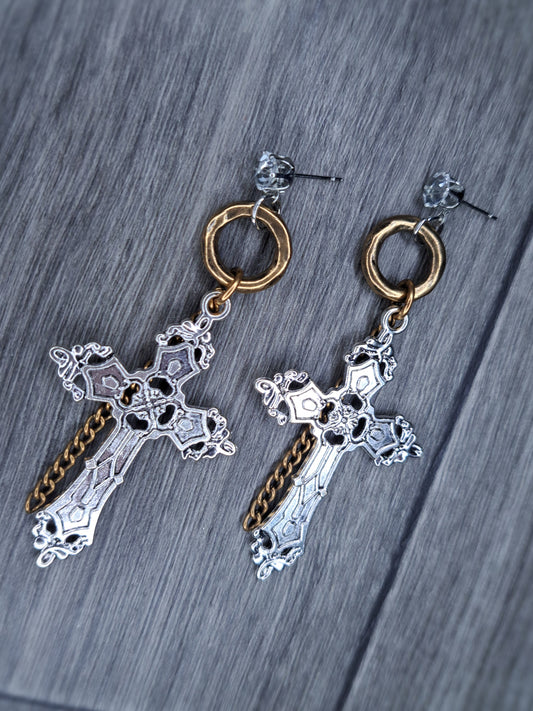Silver and bronze stainless steel diamond earrings
