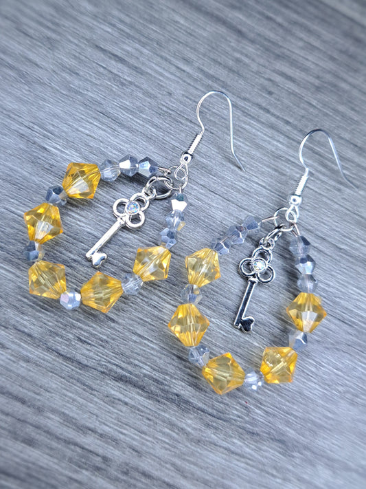 Yellow and silver beaded hoop key earrings stainless steel