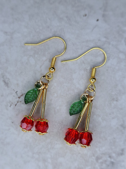 Cherry and gold stainless steel dangle bead earrings