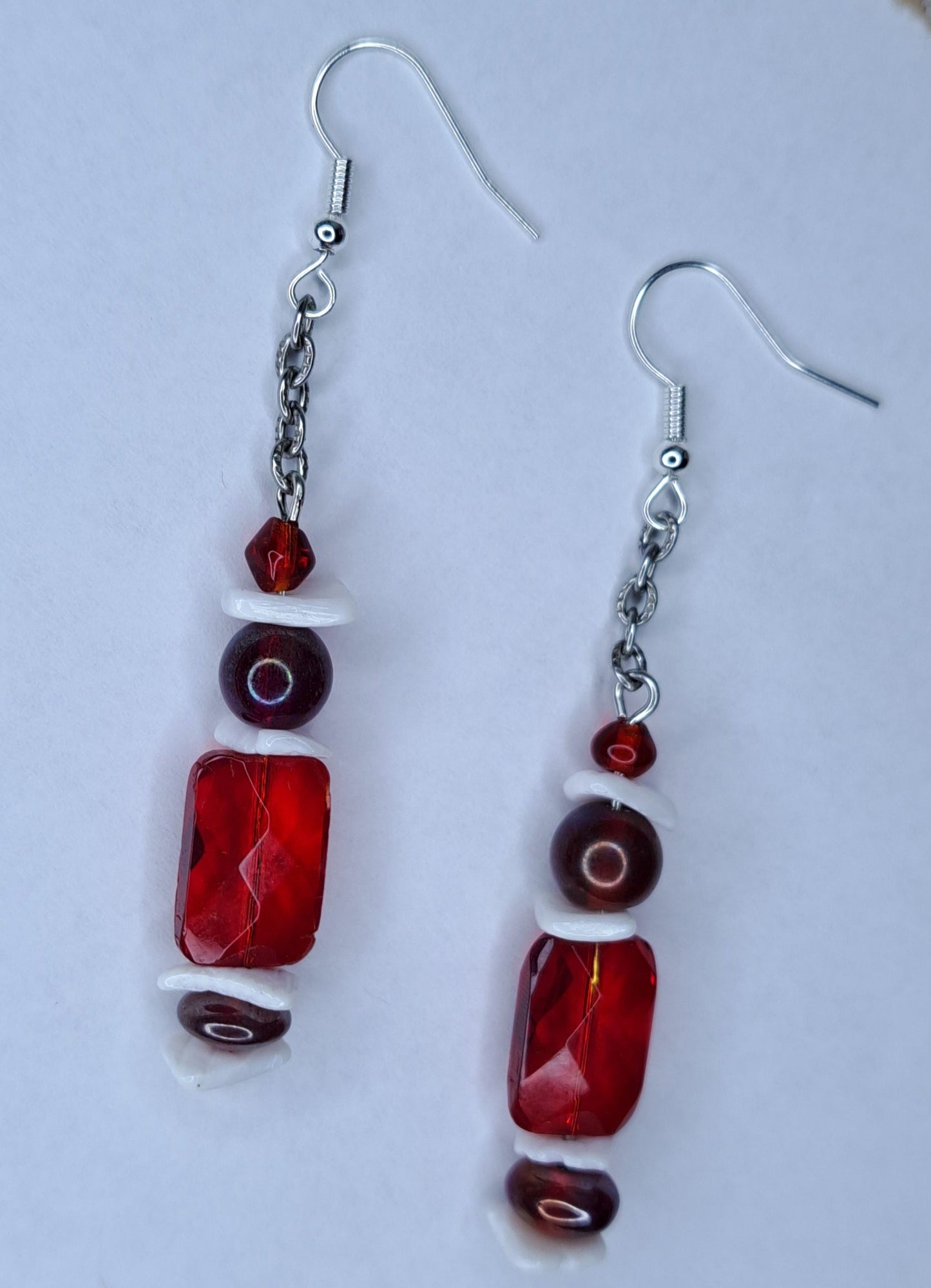Red and white beaded stainless steel earrings