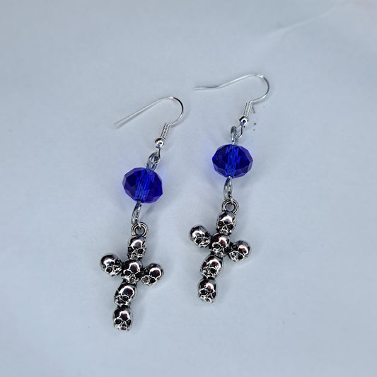 Blue gem cross charm stainless steel earrings