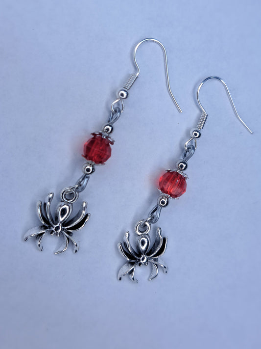 Red beaded stainless steel spider earrings