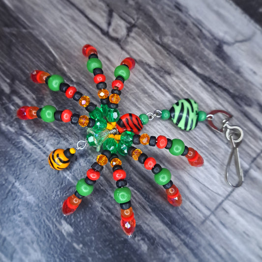 Red, green and orange Beaded spider keychain