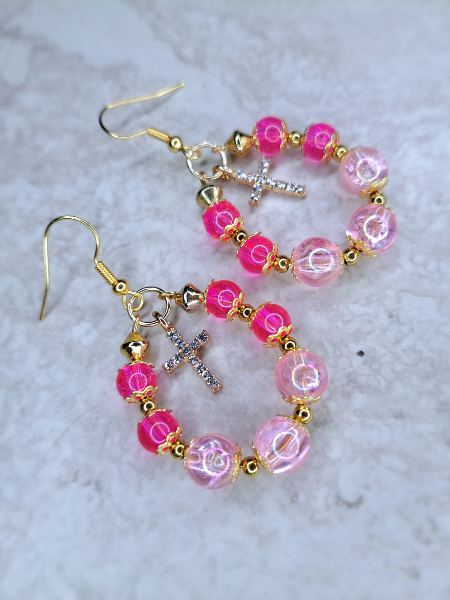 Pink & gold cross earrings Earrings – Handmade/Upcycled Beads & Stainless Steel