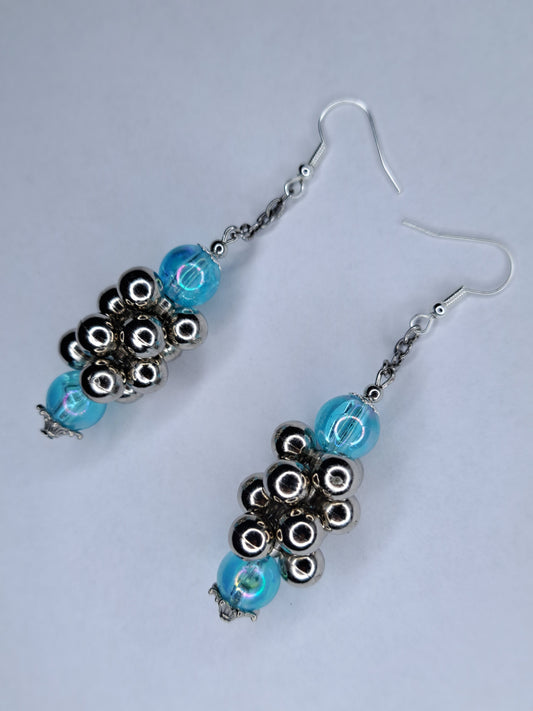 Blue and silver beaded stainless steel earrings