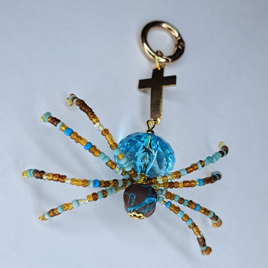 blue gold and brown Beaded spider keychain