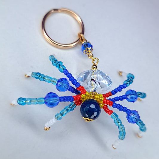 Blue, yellow and red Beaded spider keychain