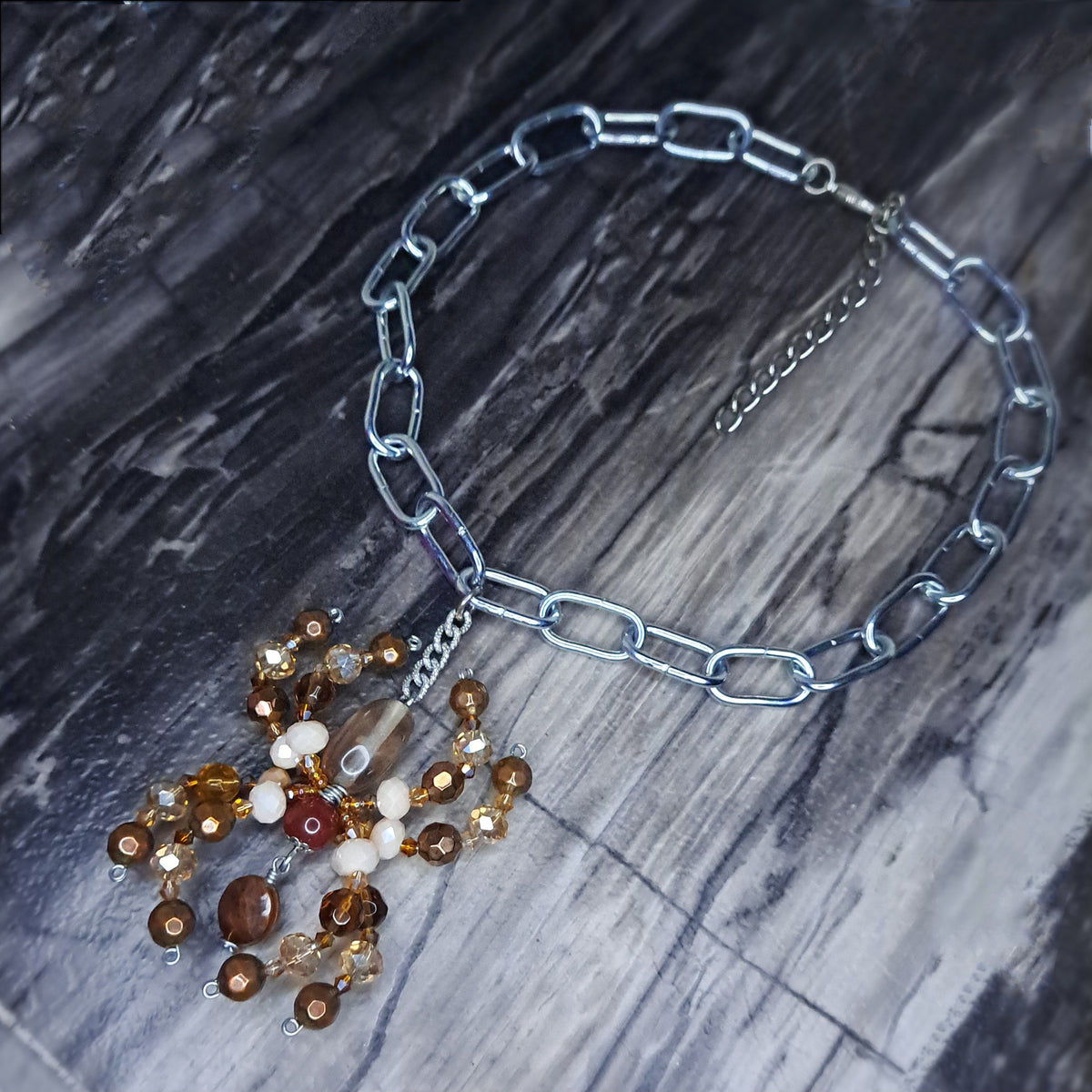Brown and tan spider stainless steel chain choker