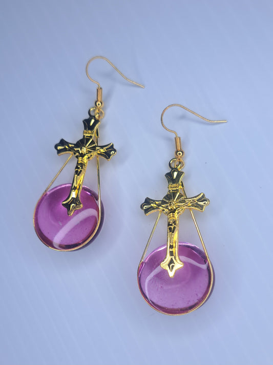Pink glass beaded gold tone cross stainless steel earrings