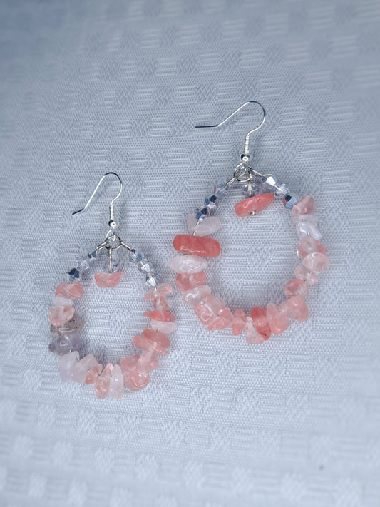 Rose quartz Crystal chip stainless steel hoop earrings
