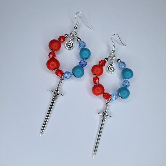 Blue and red Sword stainless steel hoop earrings